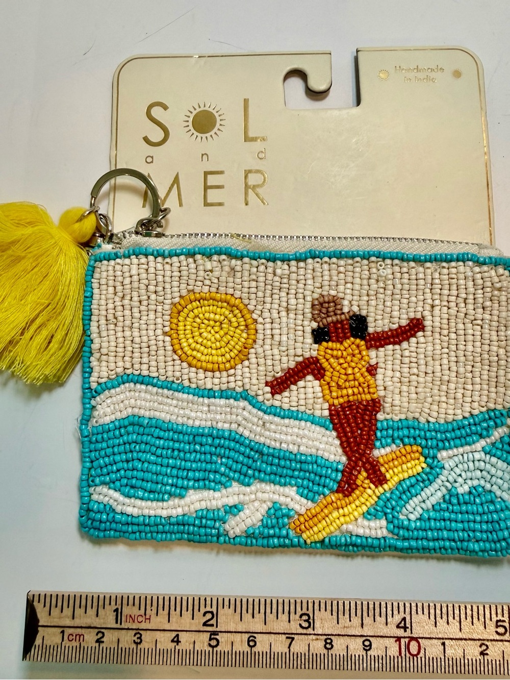 * Beaded Surfer Zippered Pouch - Yellow, White & Turquoise